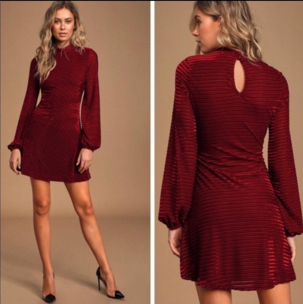 Lulus Ticket to Chic Burgundy Striped Velvet Balloon Sleeve Dress | Large